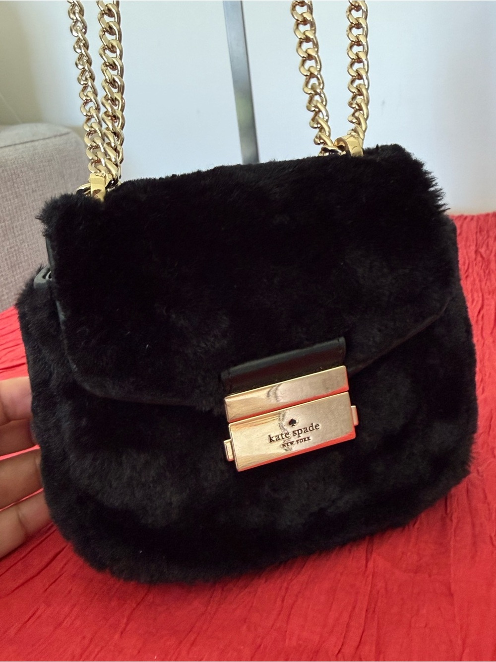 kate spade Black Faux Fur Shoulder Bag with Gold Chain
